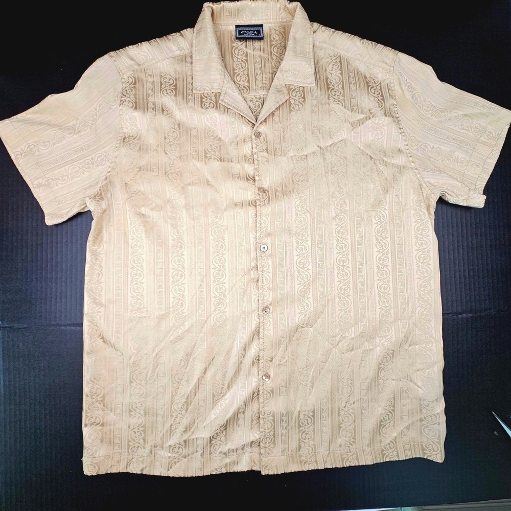 Casa Moda Couture Mens Gold Greek Key Silky Jacquard Camp Cabana Shirt Large